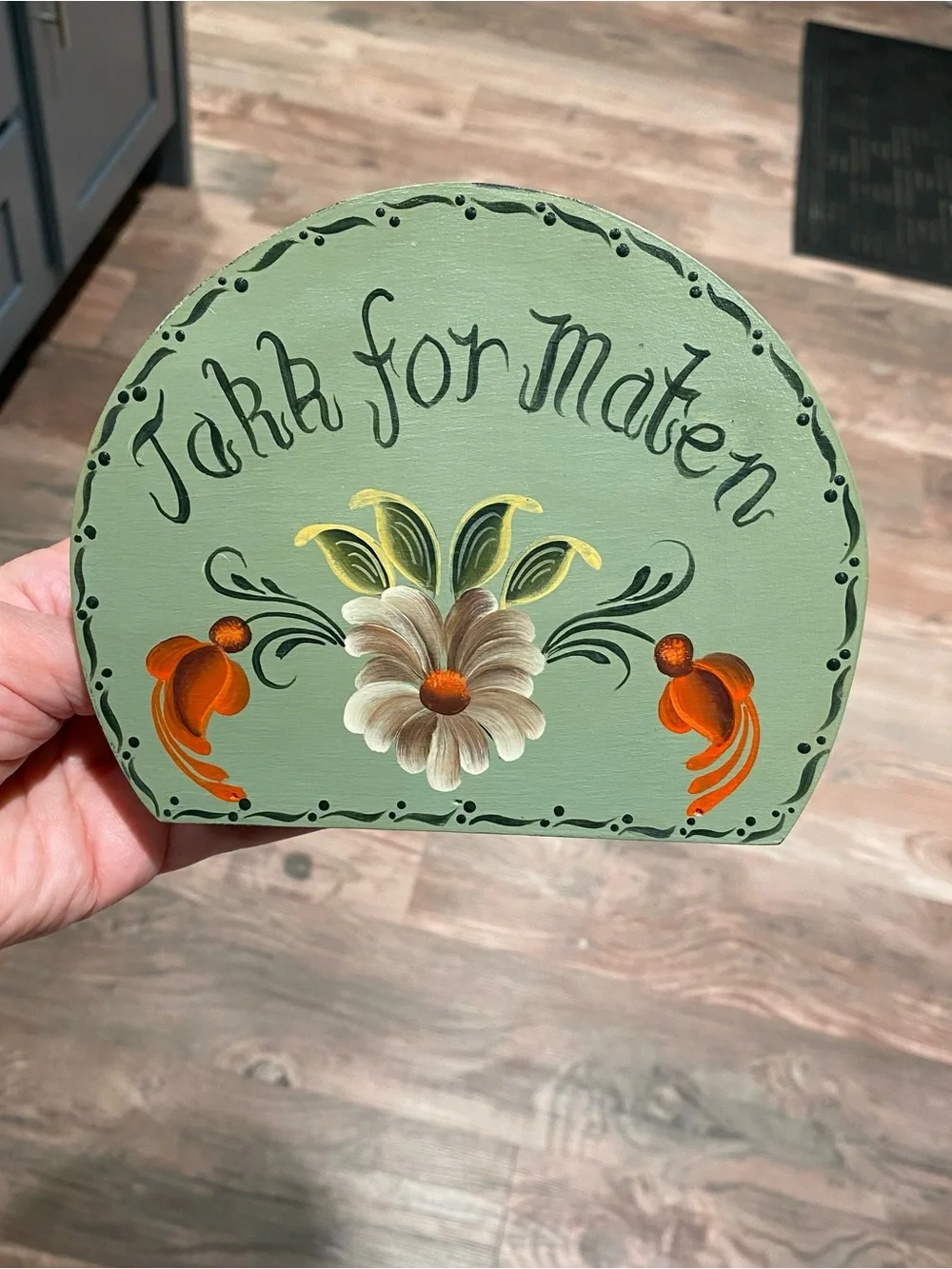 Hand-Painted Folk Art Green Floral Napkin Holder by S. Jones